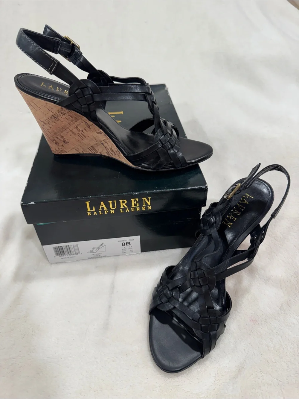 Lauren Ralph Lauren Black Braided Leather Wedge Sandals with Cork Heel
